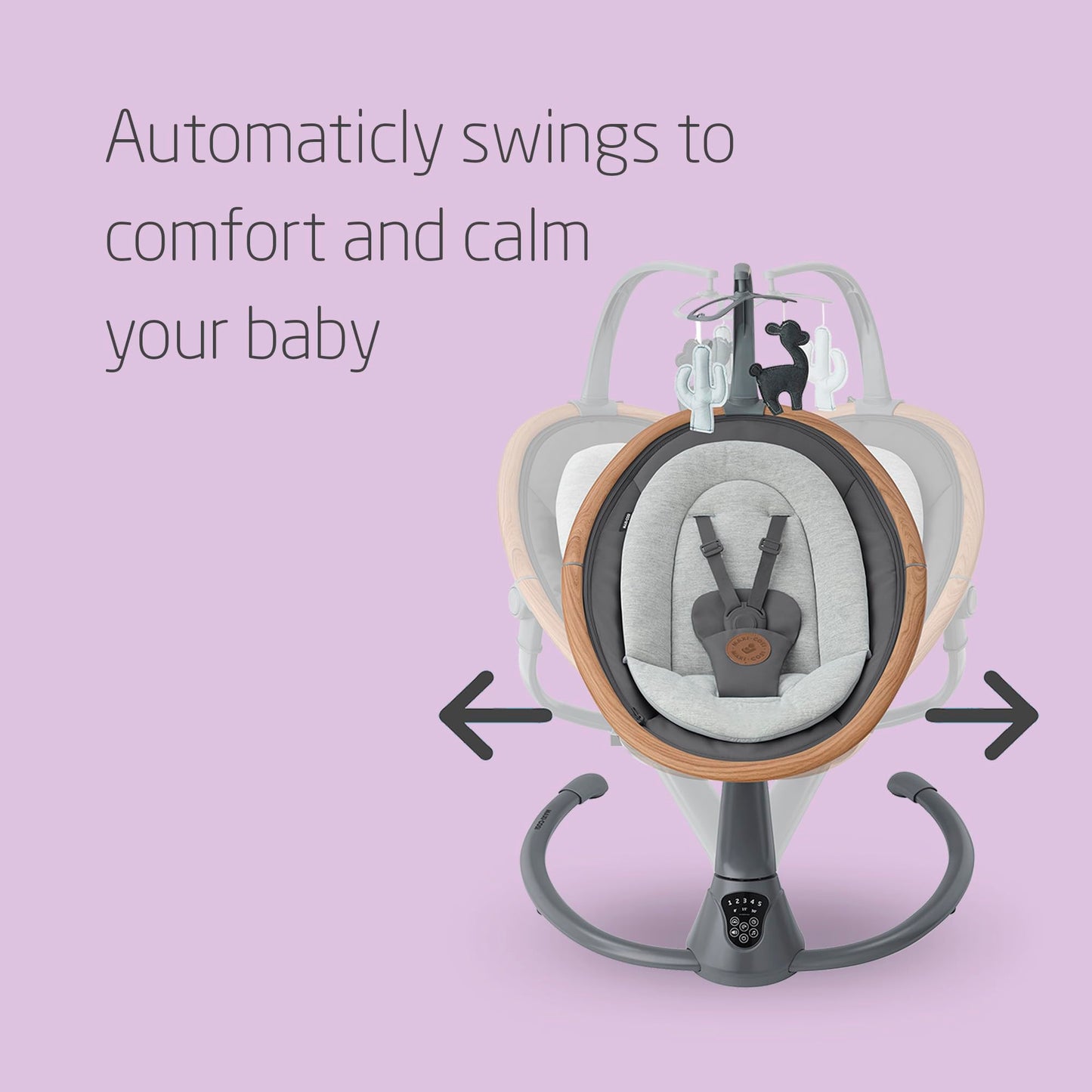 Maxi-Cosi Cassia electric baby swing chair with 360° seat rotation, 12 melodies, and adjustable recline for infants up to 6 months.