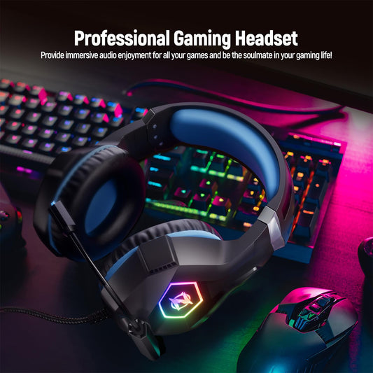 Gaming Headset Stereo Surround Sound Gaming Headphones with Breathing RGB Light & Adjustable Mic for PS4 PS5 PC Xbox One Laptop Mac