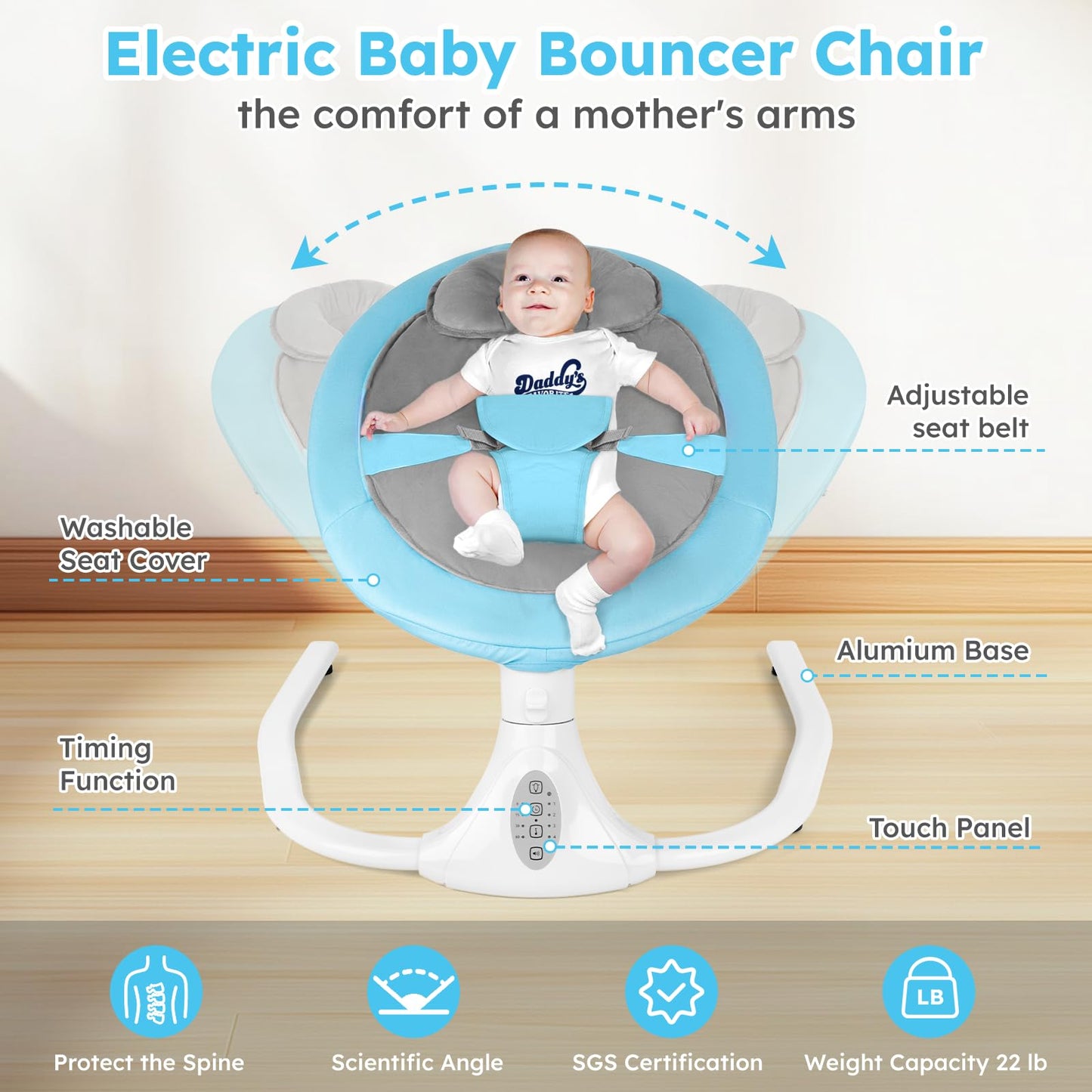 Blue electric baby swing chair by FineFizz with remote control, Bluetooth music, removable cushion, and adjustable speeds and timers.