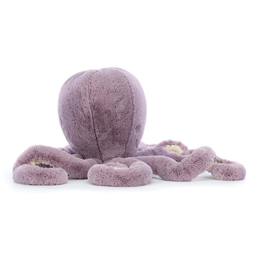Jellycat Maya Octopus in soft fabric, featuring multiple tentacles, measuring 32 cm tall and 11 cm wide.