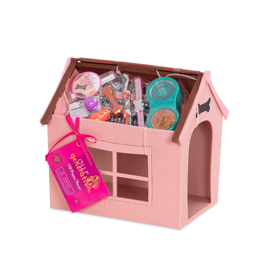 Our Generation OG Puppy House set featuring a deluxe dog house, customizable chalkboard, and plush pups for 18-inch dolls.