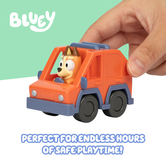 Bluey Mini Racers, 4 of the Most Popular Vehicles in Mini Form. Roll and Race With Garbage Truck, Fire Truck Bingo, Convertible Bandit and Heeler 4WD Chilli, Collect Them All!