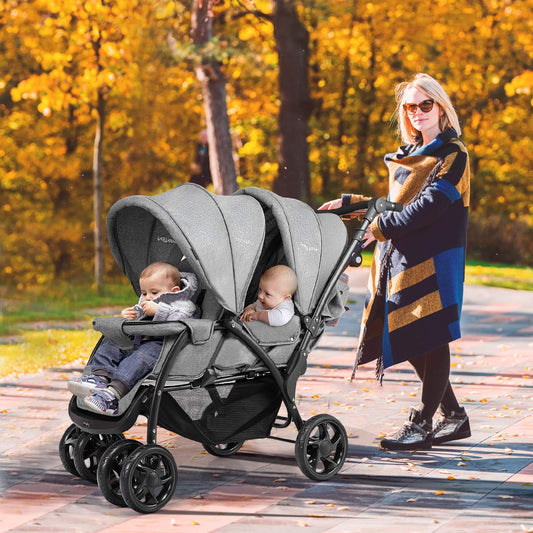 GYMAX Double Seat Stroller with Adjustable Push Handle, Detachable Canopy and Foot Rest, Foldable Baby Pushchair Buggy for Traveling, Going Shopping & Hanging Out (Grey)