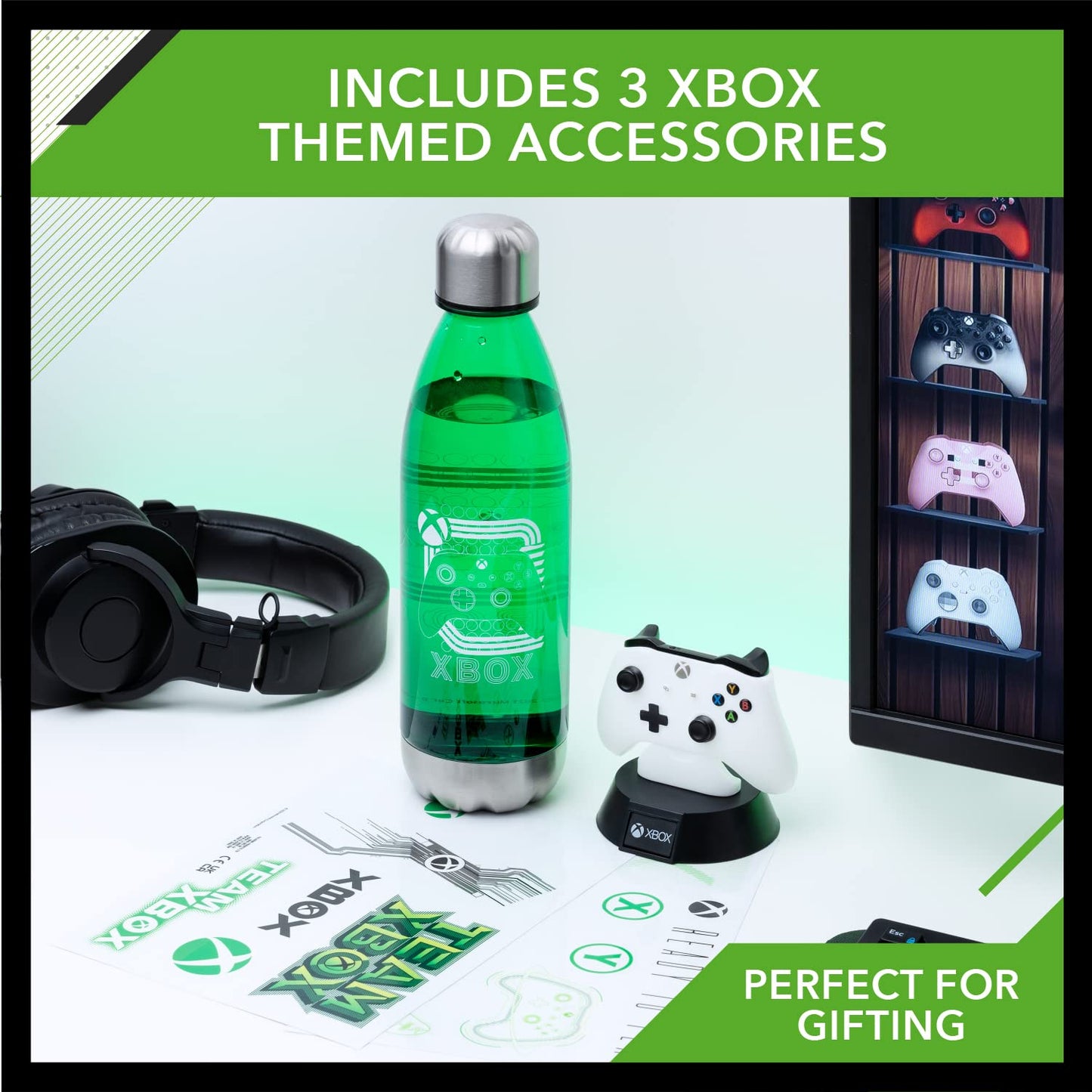 Paladone Xbox icons light, stickers, and bottle gift set featuring official Xbox merchandise and themed gaming accessories.