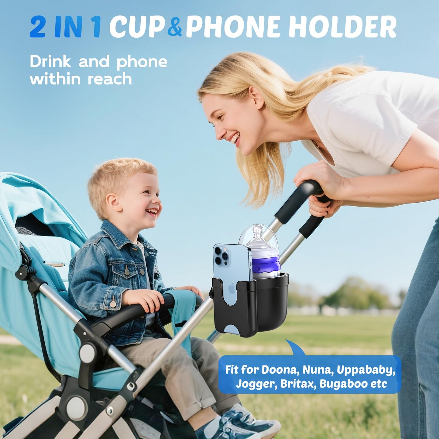 Guiseapue universal pram cup and phone holder attached to a stroller, holding a coffee cup and smartphone for easy access.