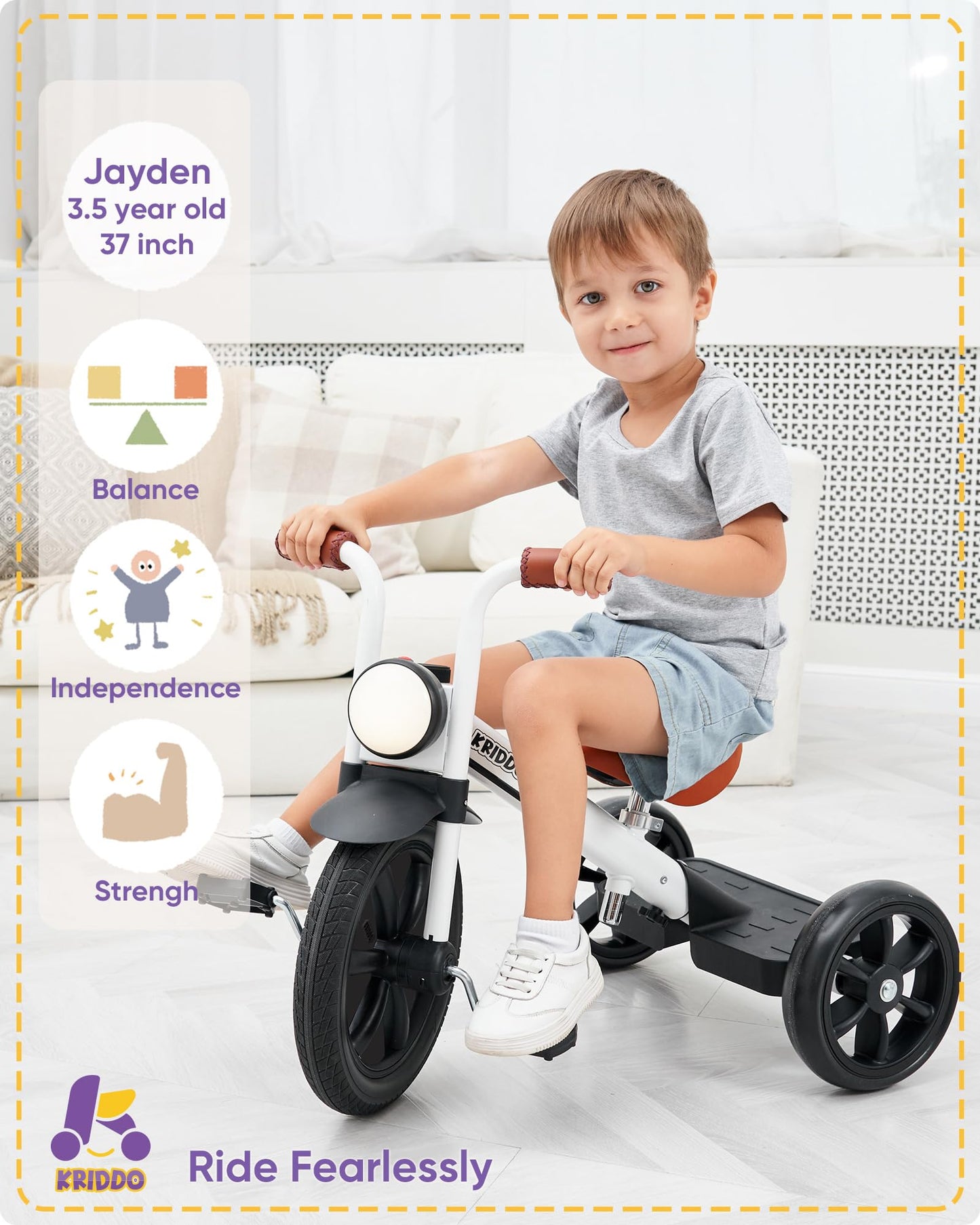 KRIDDO Kids Tricycles Age 2 Years to 5 Years, 12 Inch Puncture Free Rubber Wheel w Front Light, Adjustable Seat Height, Gift Toddler Tricycles for 2-5 Year Olds, Trikes for Toddlers, White