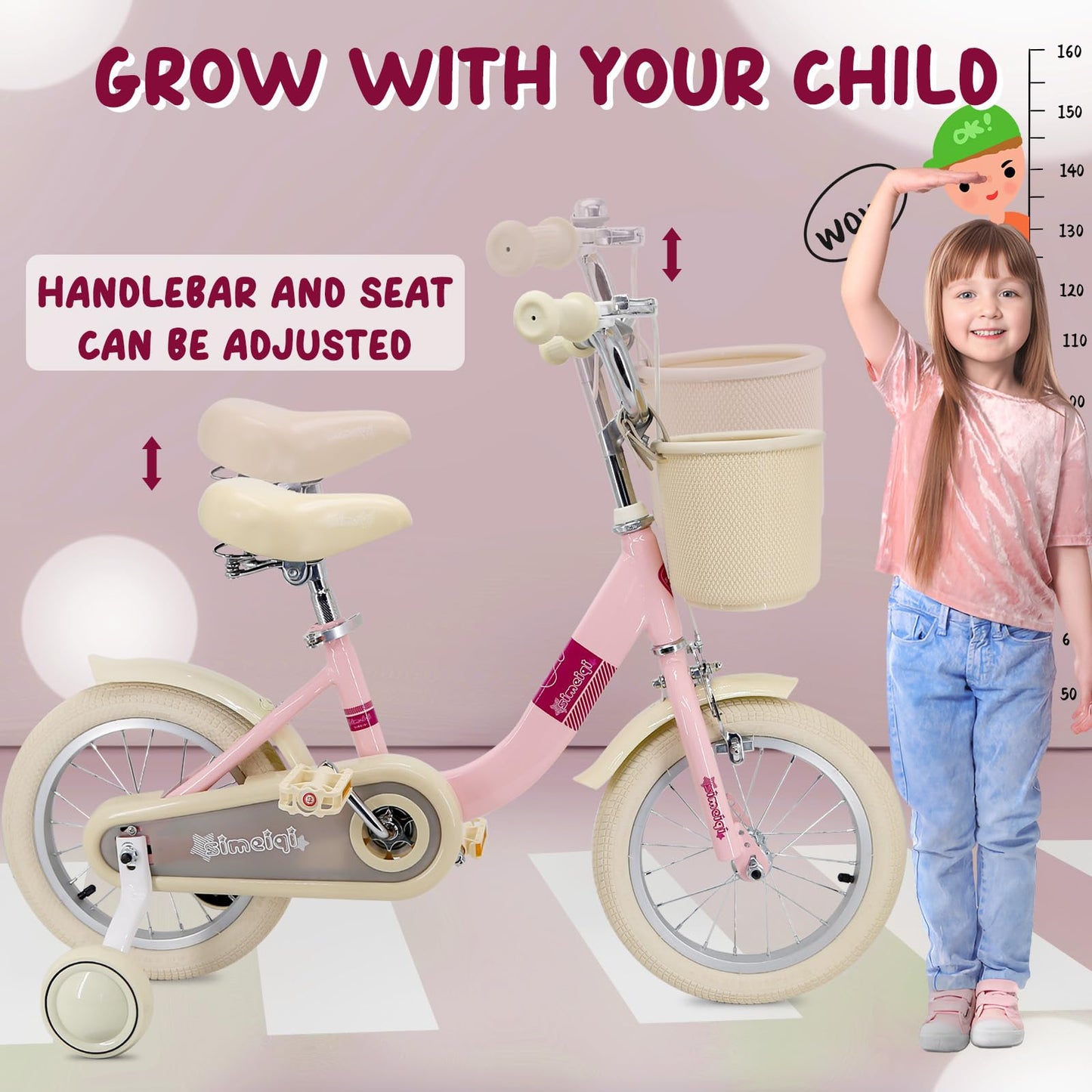 Kids Bike 14 Inch for Girls Children's Bike for Ages 3-5 Years with Stabilisers & Kickstand,Handbrake Coaster Foot Brake Basket and Bell (Pink, 14 Inch with Stabilisers & Kickstand)