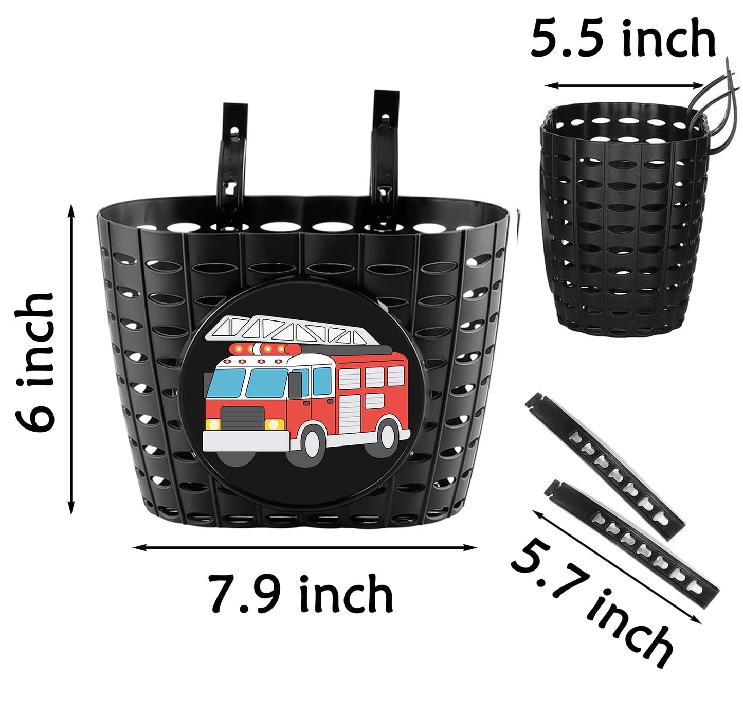 YeloYolker Boys Bike Basket with Bell, Cute Bicycle Front Handlebar Basket for kids, Toddlers, Plastic Scooter Basket(Fire Truck)