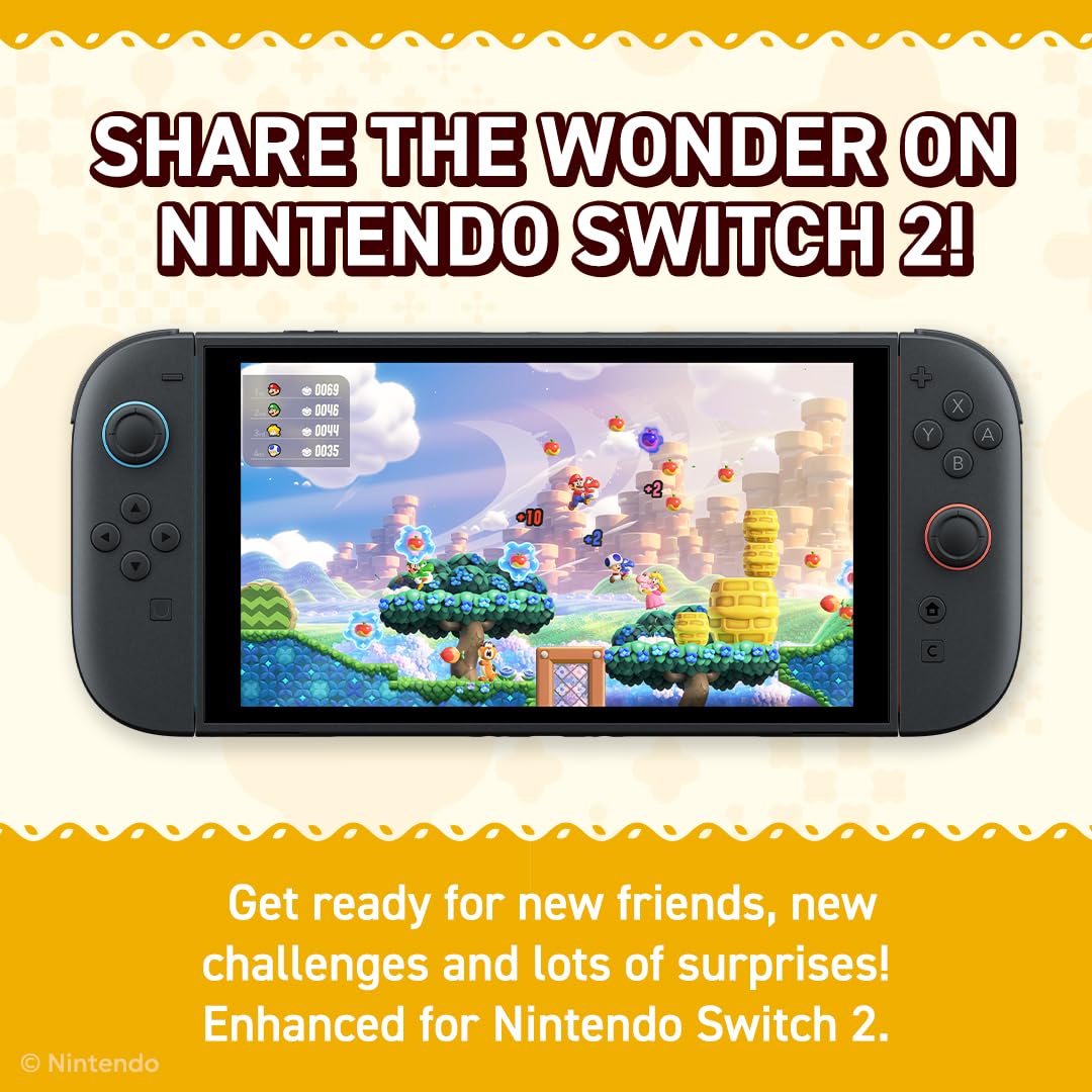 Nintendo Switch 2 edition of Super Mario Bros. Wonder game box featuring colorful Mario and vibrant game artwork.