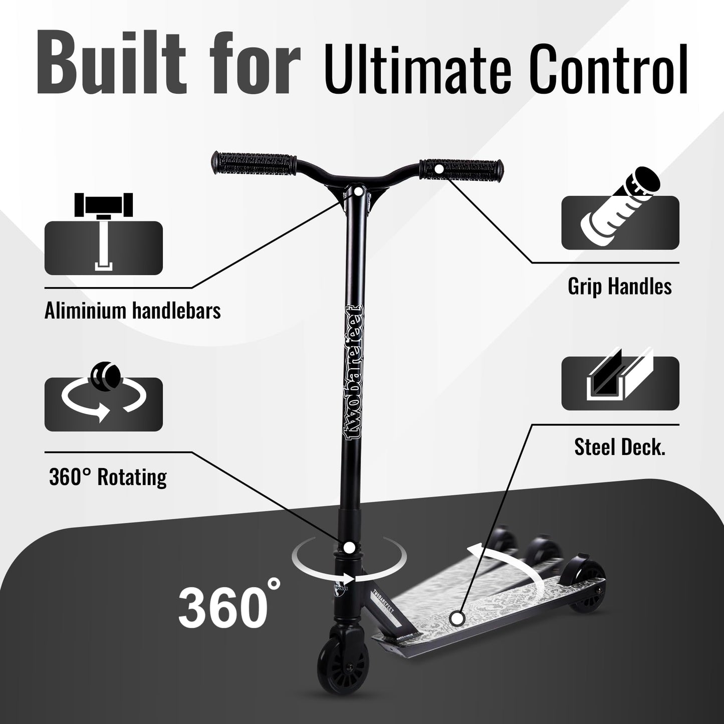 Two Bare Feet Cipher Model Stunt Scooter for Kids, Teens & Adults - Lightweight Freestyle Scooter with 360° Spin, ABEC-7 Bearings, 100mm PU Wheels, Durable Design for Tricks