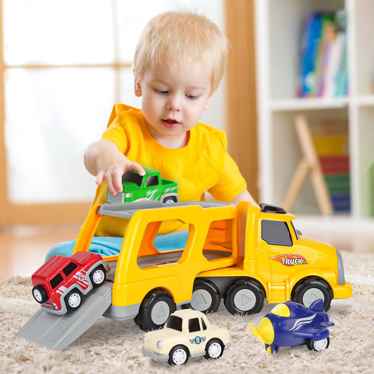 Aoskie toy car transporter truck with four pull-back cars, toddler vehicle playset for boys and girls ages 3-5, birthday gift.