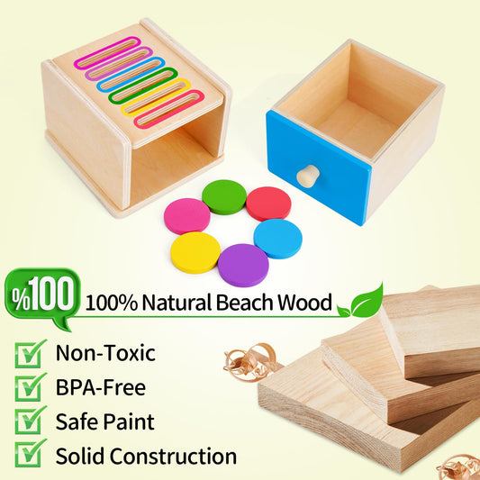 FCSONU Montessori wooden coin box toy for toddlers, colorful stacking and sorting sensory toy for 1-3 year old boys and girls.