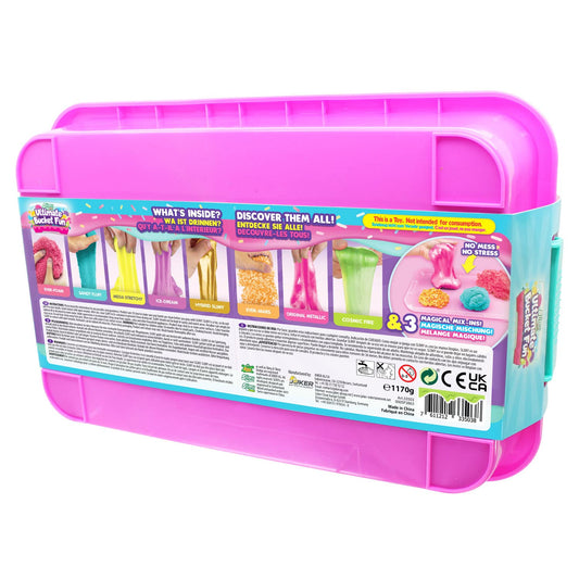 Colorful collection of slimy, squishy toys from Slimy's Ultimate Bucket Fun set, featuring various vibrant, textured slime samples.