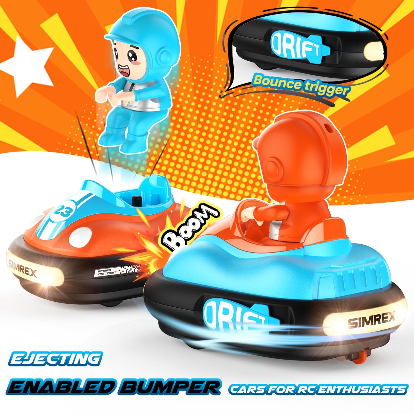 SIMREX Remote Control Bumper Car for Kids, RC Ejecting Bumper Vehicle for Kids, Toys with Light Music Sound, RC Battle Race Car Set of 2 Players, Gift for Toddler Boys and Girls