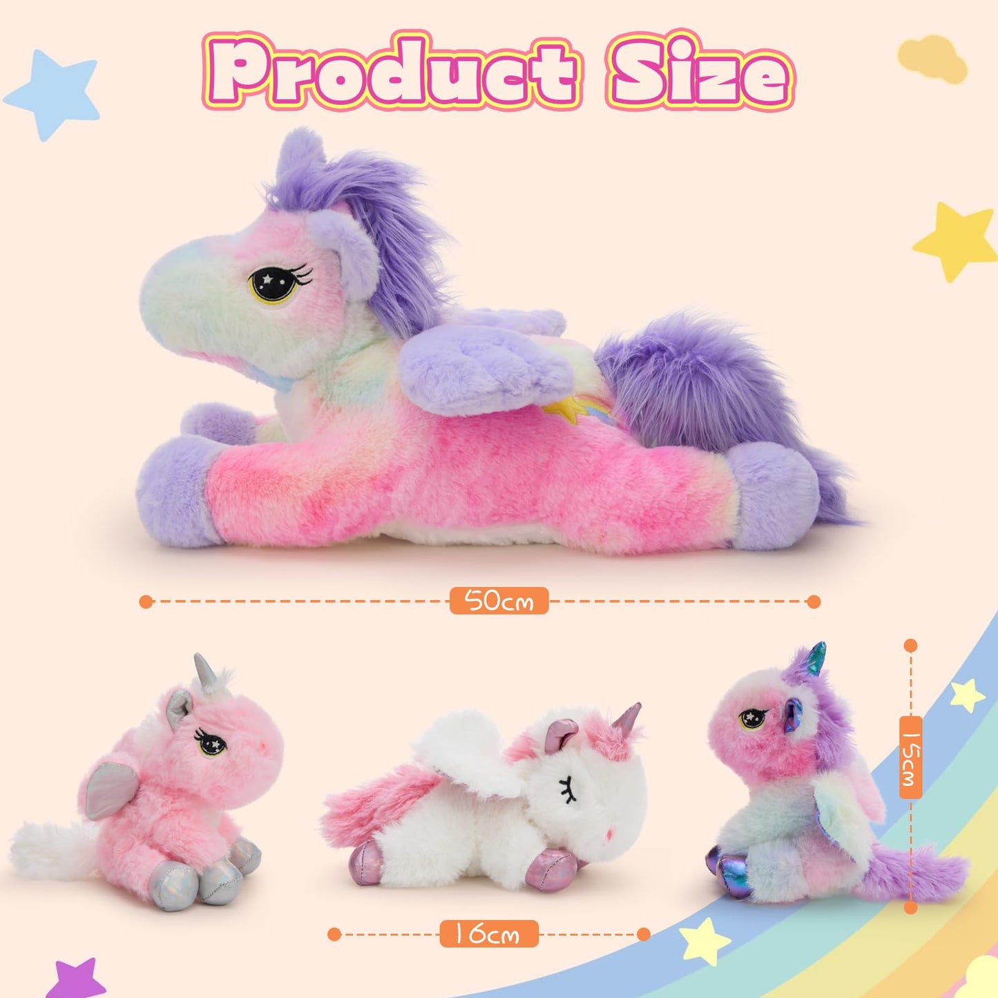 MorisMos Big Unicorn Teddy Stuffed Animal, 50cm Mom with 3 Cuddly Baby Inside, Giant Fluffly Soft Toy Realistic Kawaii Gift for Kids Birthday Deco