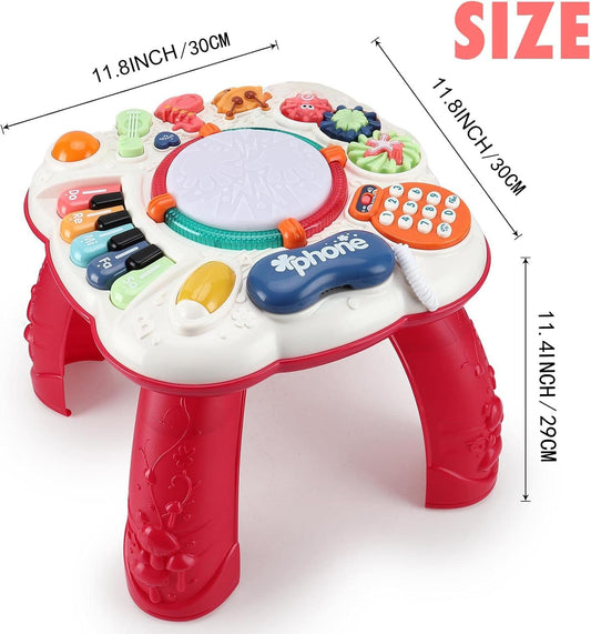 Innoocool Baby Activity Table Sensory Toys, Birthday Gift Music Learning Table for 0-6 Months 1 2 3 Year Old Boys and Girls, Early Education Music Table with Light and Sound 30×30×29cm, Red