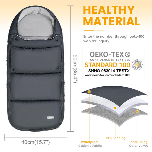 Orzbow winter footmuff for stroller, dark grey, adjustable cozy toes with zip and buttons, removable pram footmuff with drawstring bag.