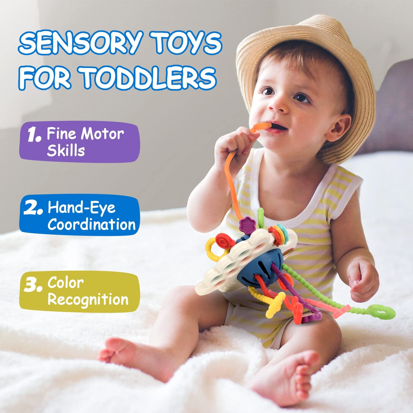 Hooku Montessori Toys for 2 Year Old, Sensory Toys for Babies, Food Grade Silicone Pull String Activity Toy, Fine Motor Skill Toy for Toddlers, Baby Travel Toy, Baby Girl Boy Gifts