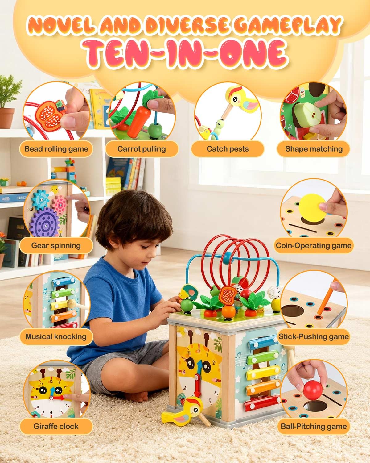 MOXTOYU Wooden Activity Cube Baby Toys, 10-in-1 Montessori Educational Toy Set for 1-3 Year Old Boys & Girls, Maze, Shape Sorter, Rotating Gear Xylophone Words & Clock Learning, 1st Gifts for Toddler
