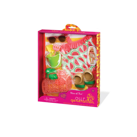 Our Generation Slice of Fun Outfit featuring a colorful swimsuit and beach toys for 18-inch dolls in a beach setting.