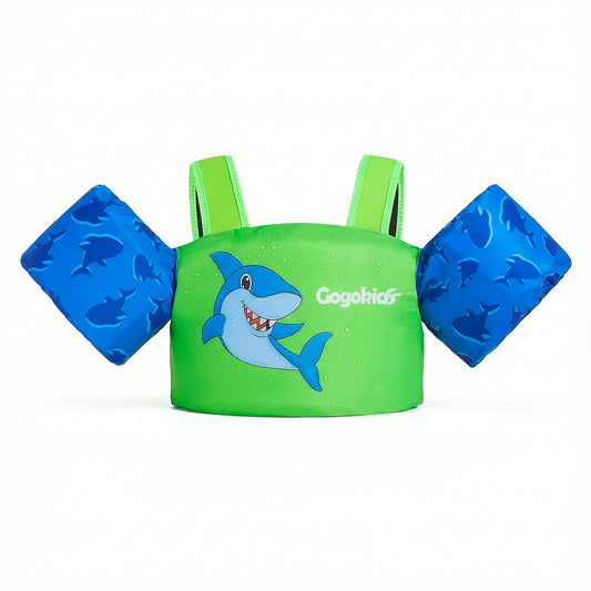 Gogokids toddler swimming float vest with arm bands and shoulder harness for kids aged 1-6 years, perfect for pool use.