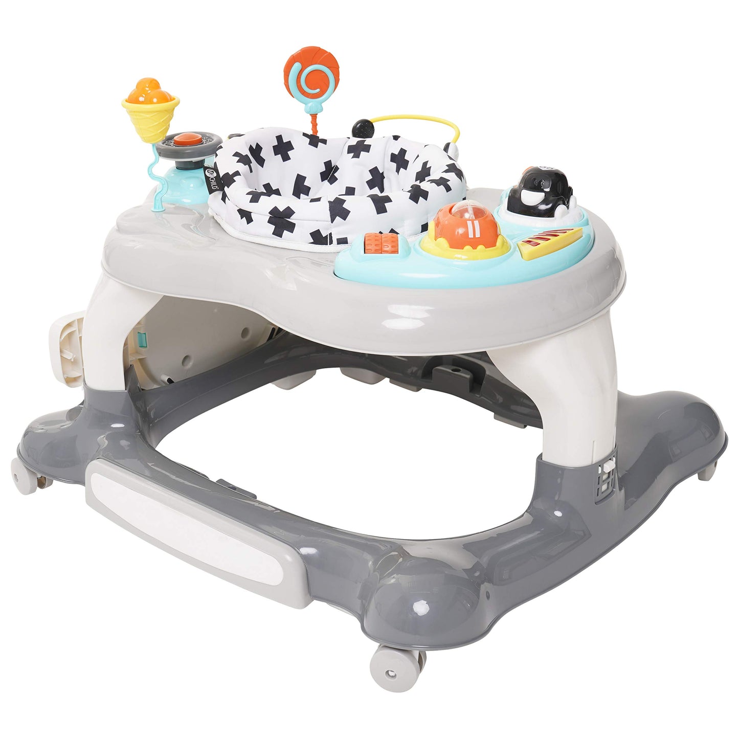 My Child 4-in-1 activity walker with a roundabout design, featuring neutral colors and interactive play elements for toddlers.