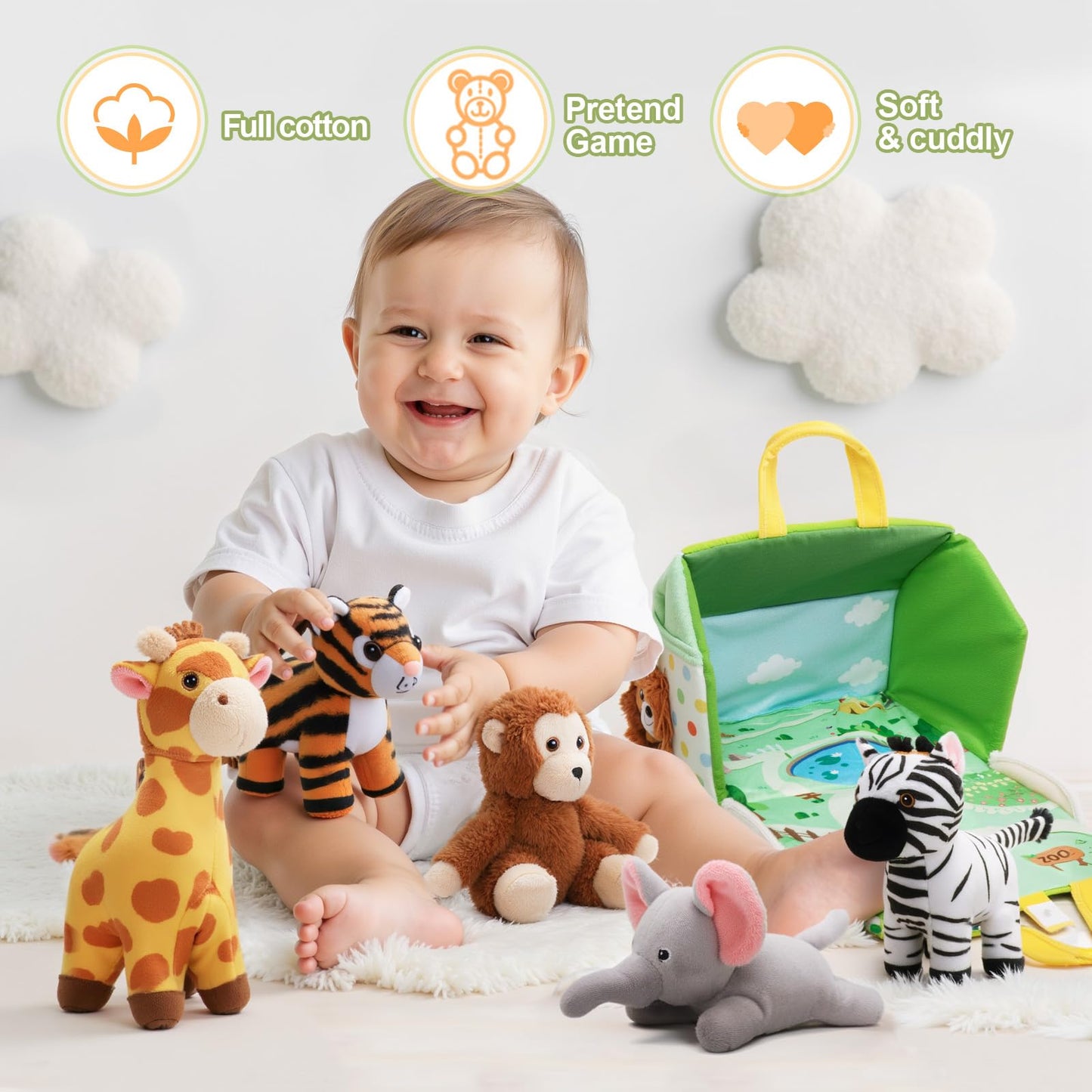 OUOZZZ plush zoo animal toys for babies 6 to 12 months, ideal for tummy play and crawling learning activities.