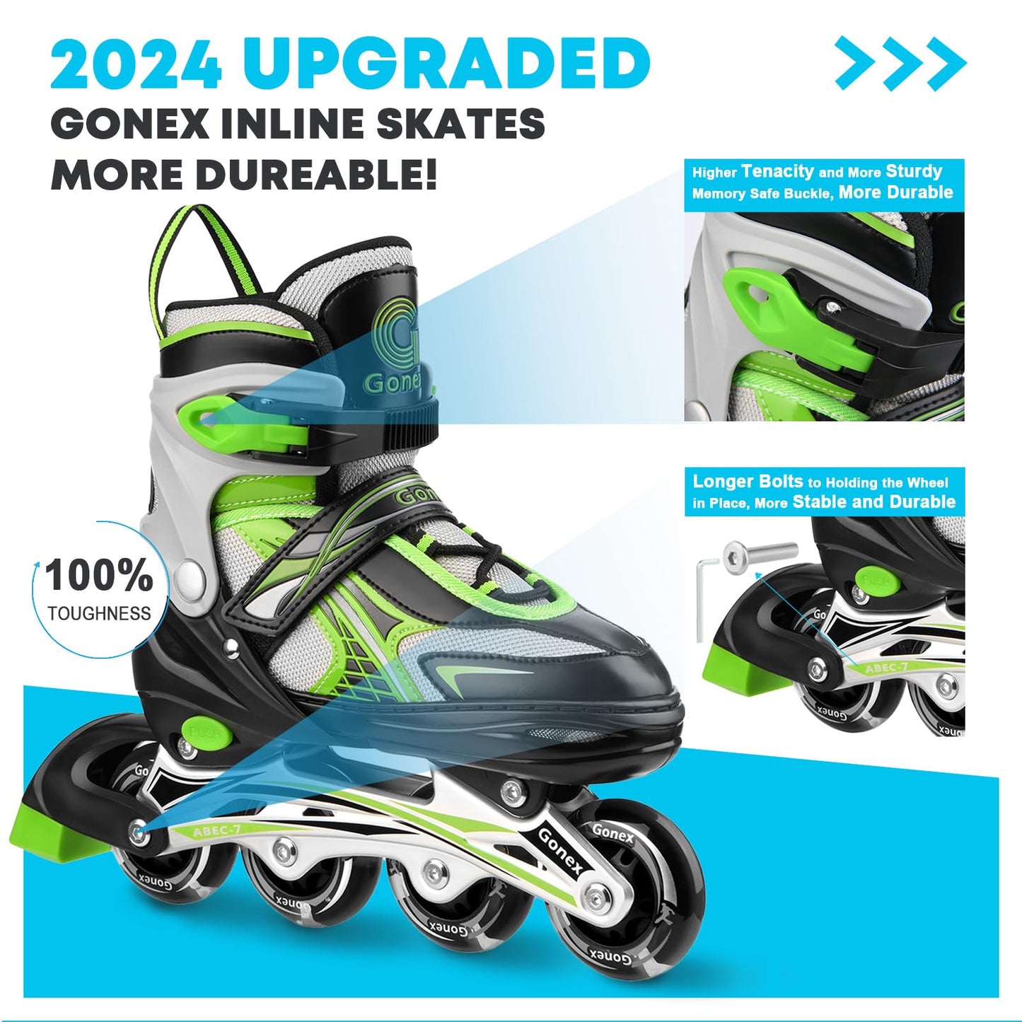 Gonex Children’s Inline Skates, Adjustable Inline Skates for Boys and Girls, EU 31-42, Green, M