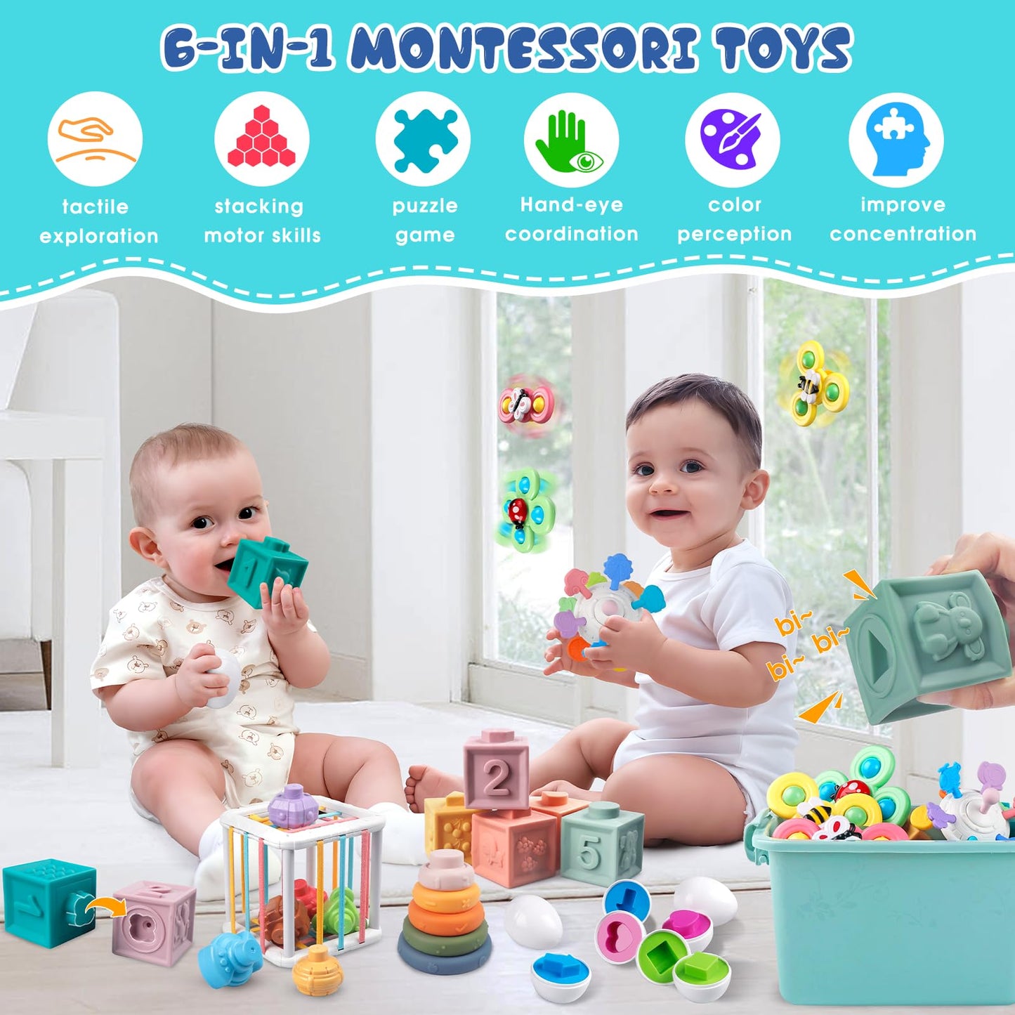 Plunack 6 in 1 Montessori Babies Toys - Stacking Rings, Blocks, Shape Sorter, Matching Eggs, Suction Cup Toy, Baby Sensory Gifts