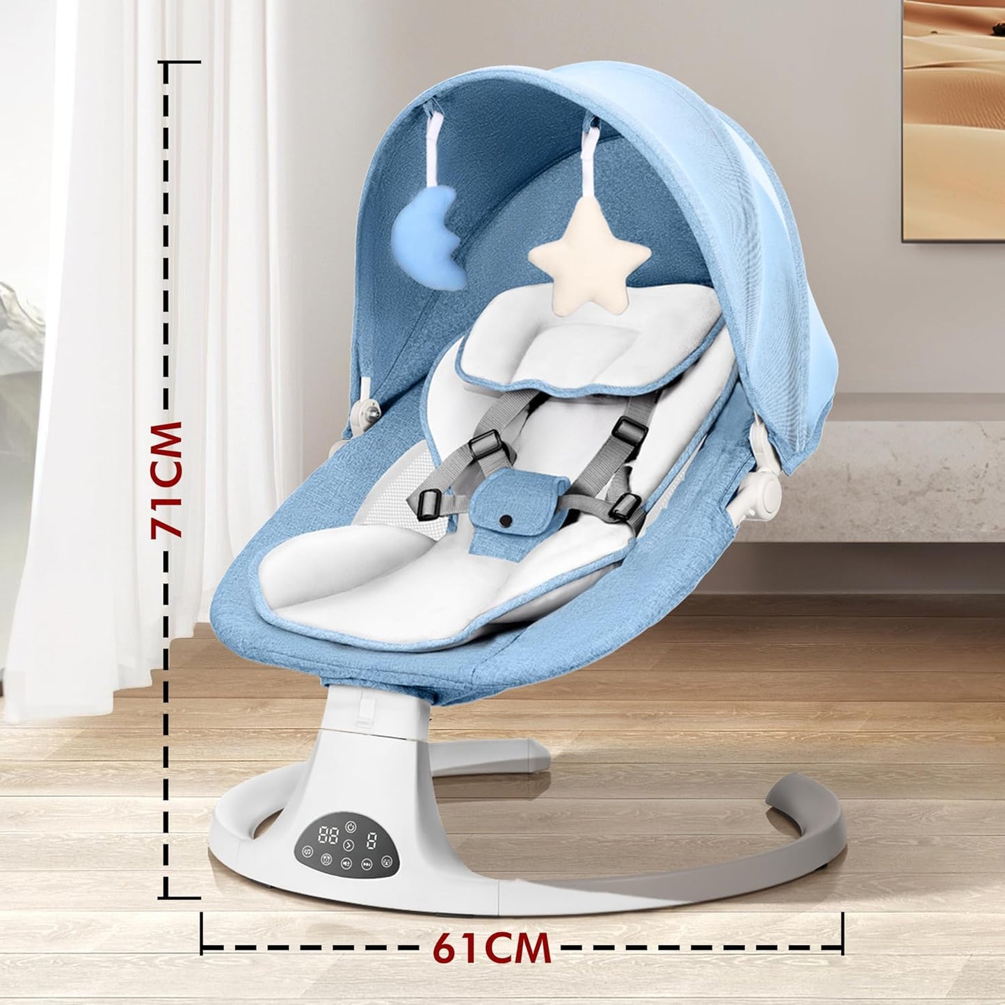 Baby Bouncer, Portable Electric Baby Swing with Bluetooth, 5 Swing Speed, 3-Stage Timer, 5-Point Harness, Remote Control & Touch Panel, Bouncer from Birth with 2 Soft Toys & Soft Pillow (Blue)