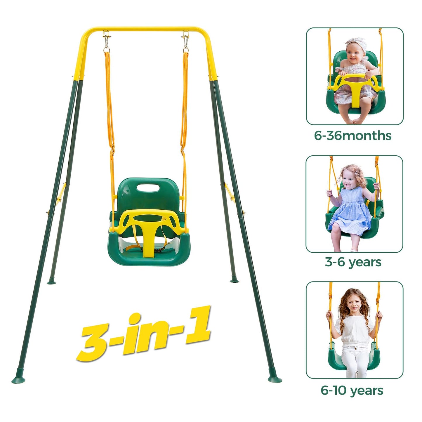 FUNLIO Toddler Swing with Safety Harness, Heavy-Duty Kid Swing for Garden & Indoor Use, Folding Metal Stand, Outdoor Play Equipment for Children - Green