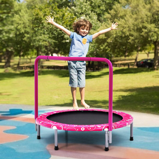 GYMAX Kids Trampoline with Handle, 36’’ Foldable Rebounder, Protective Cover, Outdoor Indoor Mini Trampolines for Children, Max Weight 150kg (Pink)