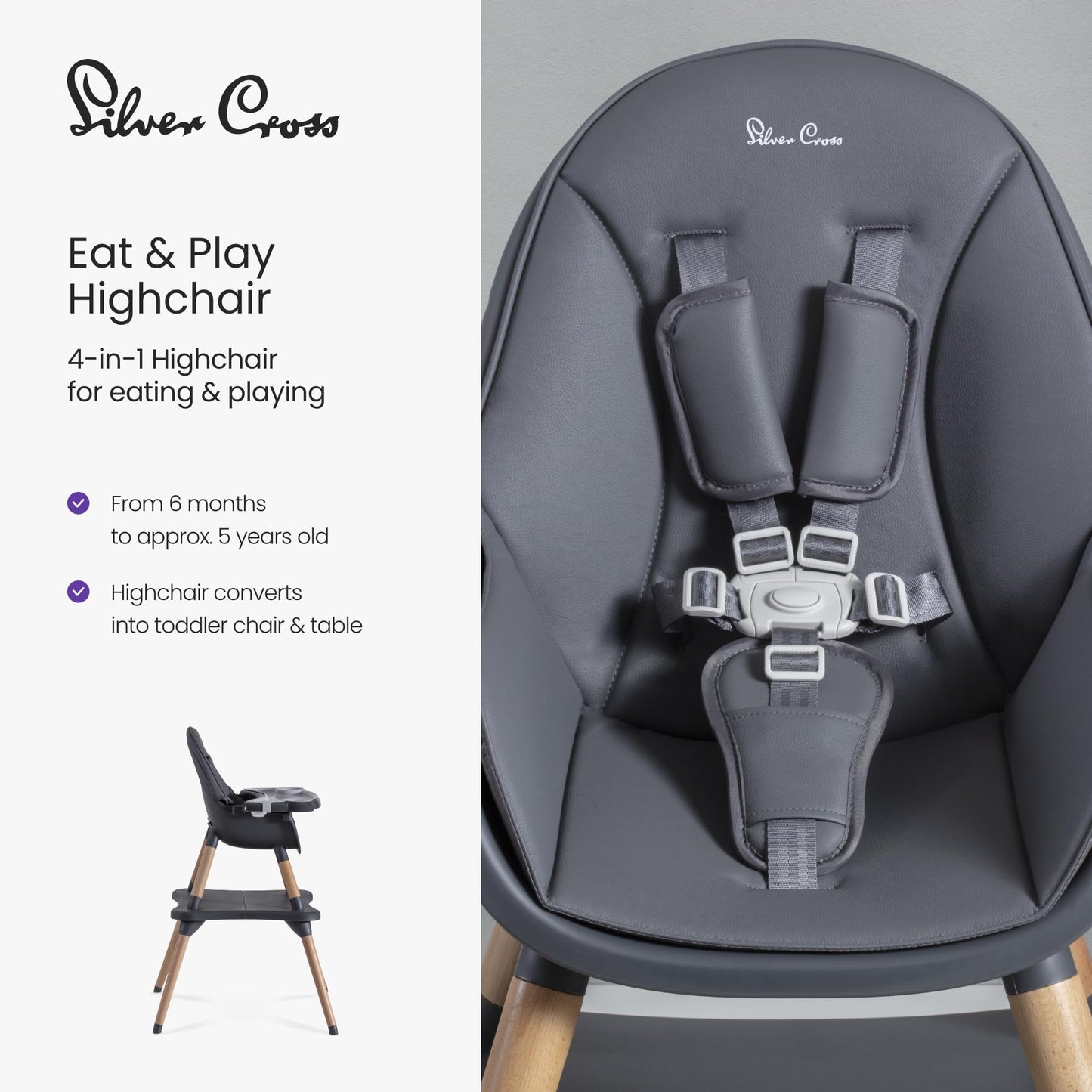 Silver Cross - Eat&Play 4-in-1 Highchair - Convertible Baby Chair - Highchair, Booster seat, Toddler Chair & Table All in 1-6 Months to 5 Years - Graphite