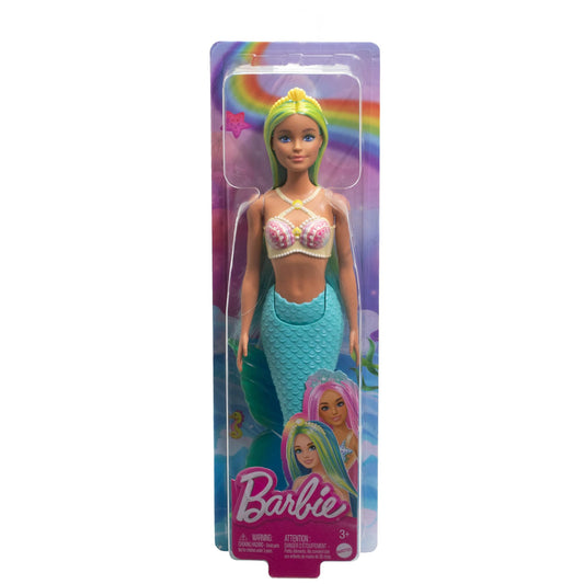 Barbie mermaid doll with two-tone blue and yellow hair, shell bodice, and turquoise tail, featuring a headband accessory.