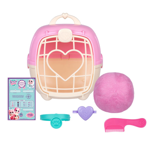 ScruffaLuvs Pet Scruffs Pink - Mystery Plush Toy, 7.5" Tall - Wash to Reveal 1 of 3 Rescue Pets: Puppy, Bunny, or Kitty - Includes 8.7" Deluxe Pet Carrier