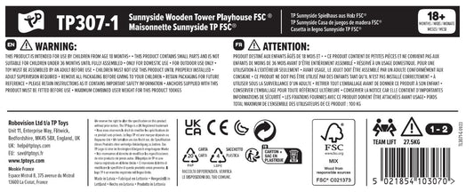 TP Toys Sunnyside Wooden Tower Playhouse with 1.2m slide, outdoor kids' garden playhouse made from FSC-certified European wood.
