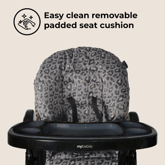 My Babiie MBHC8 Premium Highchair – Adjustable, 3 Recline Positions, 6 Height Settings, Removable Tray, Padded Seat, Foldable, for Toddler, from 6 Months to 3 Years (15kg) – Black Leopard