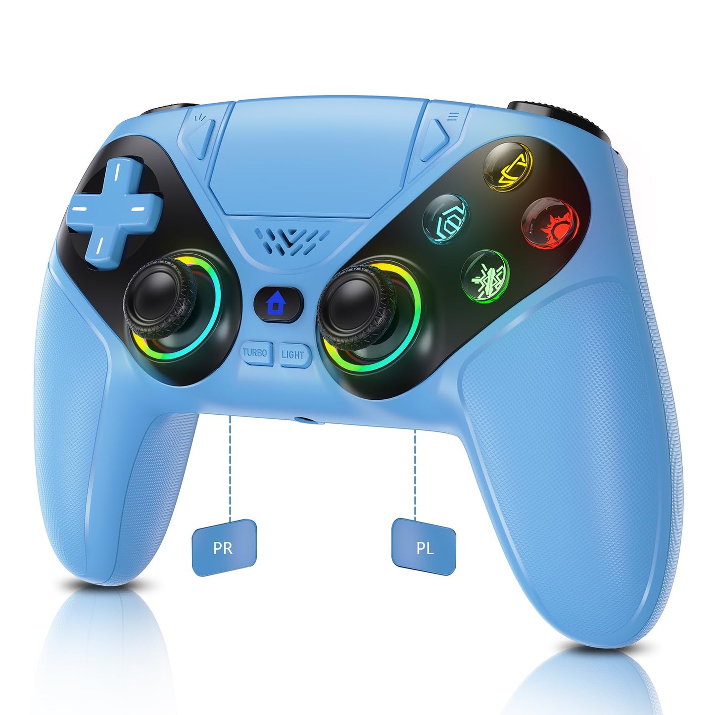 Gamrombo RGB wireless PS5 and PC game controller with back buttons, touchpad, turbo, vibration, 6-axis sensor, and 3.5mm audio jack.