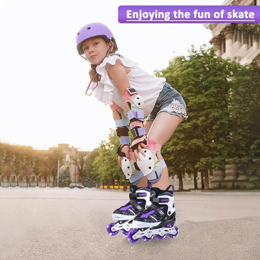 ERNAN adjustable purple kids' inline skates with light-up wheels, suitable for boys and girls, ideal for beginners.
