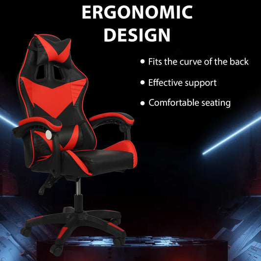 Black and red Shine Planet ergonomic gaming office chair with lumbar support, adjustable headrest and recline feature.