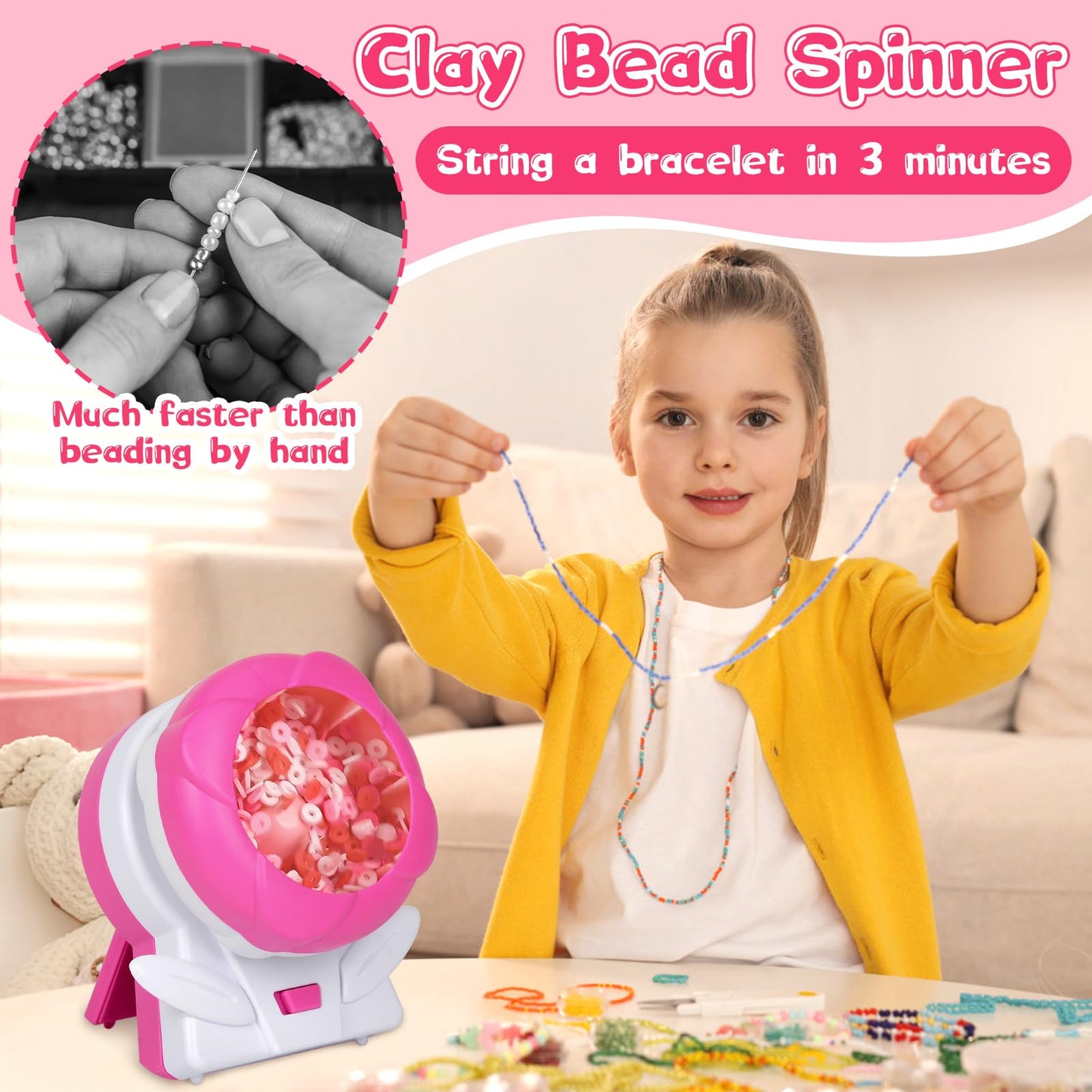 Xinrongda clay bead spinner for jewelry making with bead bowl, needle, and thread, used for creating beaded bracelets, necklaces, and waist beads.