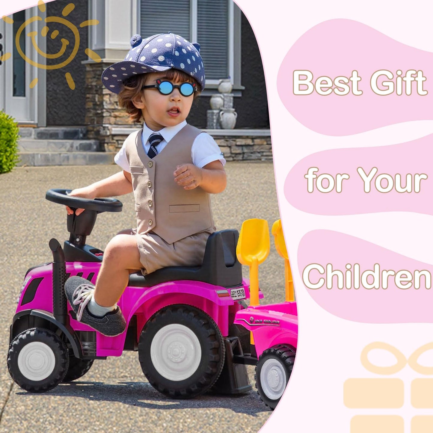 NINODOVAE Ride On Tractor, NEW HOLLAND Licensed car toy, Toddler Sliding Walker with Steering Wheel, horn music&lights for 12-36 months (Pink)