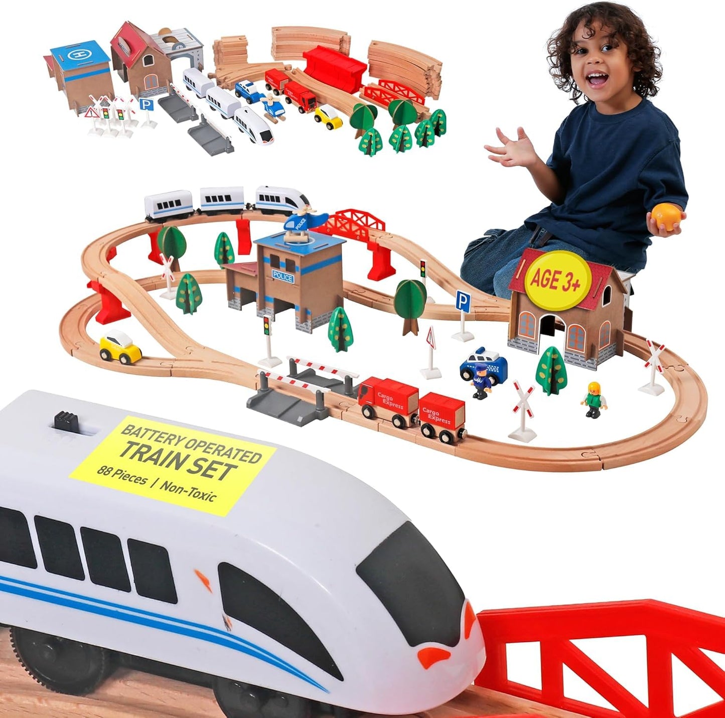 Set of 88 wooden train tracks with a railway station and electric train toys, suitable for kids aged 3+ from WY8.