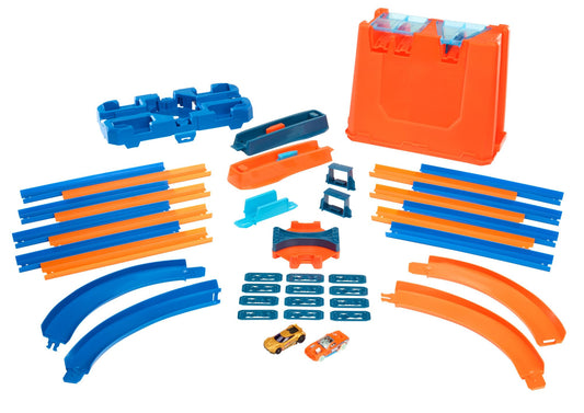 Hot Wheels Track Builder Deluxe Stunt Box featuring dual launchers, over 5 meters of track, and two toy cars.