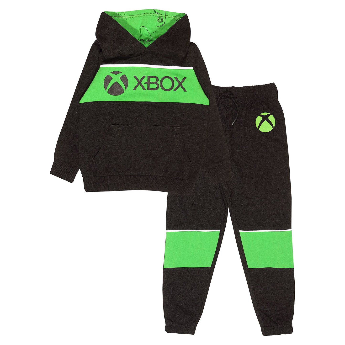 Boy wearing Xbox hoodie and joggers set with logo print, long sleeve tracksuit, official Popgear merchandise for ages 5 to 15.