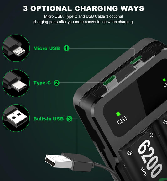 HELLCOOL rechargeable battery pack for Xbox One and Series X|S controllers, featuring high capacity, LED indicator, and charger.