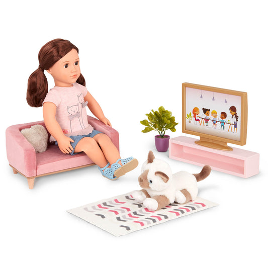 Our Generation OG Lovely Living Room Set featuring a cozy sofa, coffee table, and decor for 18-inch dolls.
