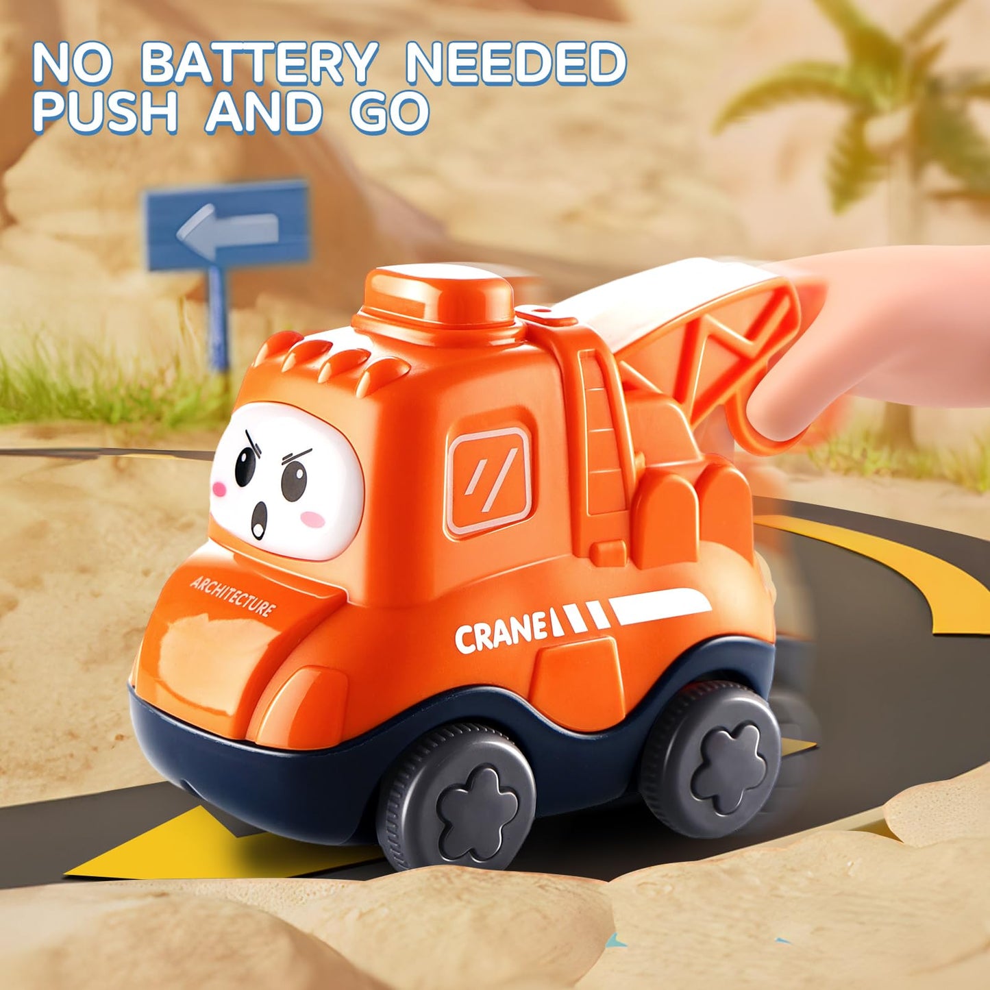 Six cartoon truck and tractor toys with cranes, stored in a playmat and storage bag, for toddlers and young boys.
