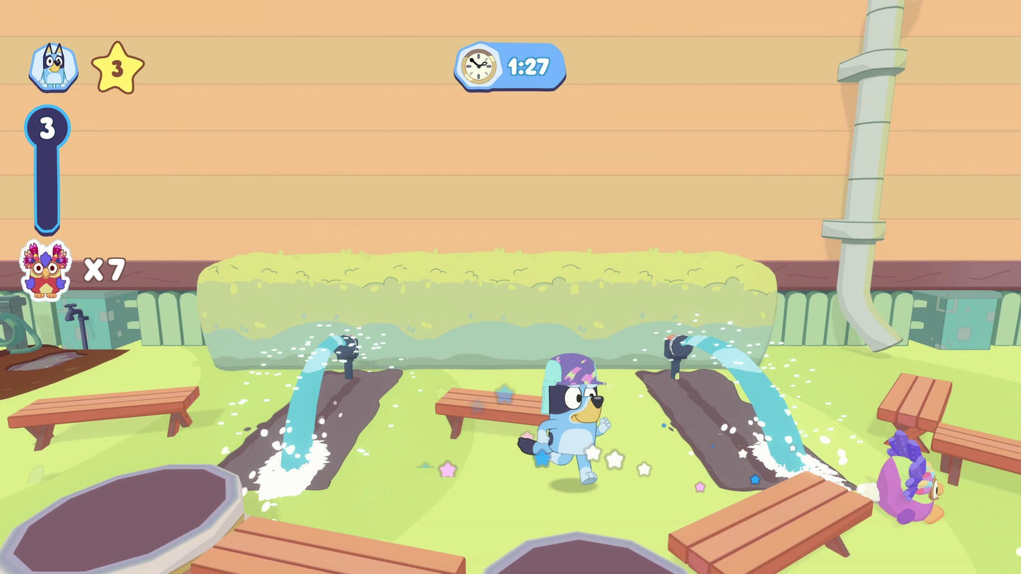 Bluey: The Videogame for Nintendo Switch, colorful game box featuring Bluey and friends, by Outright Games.