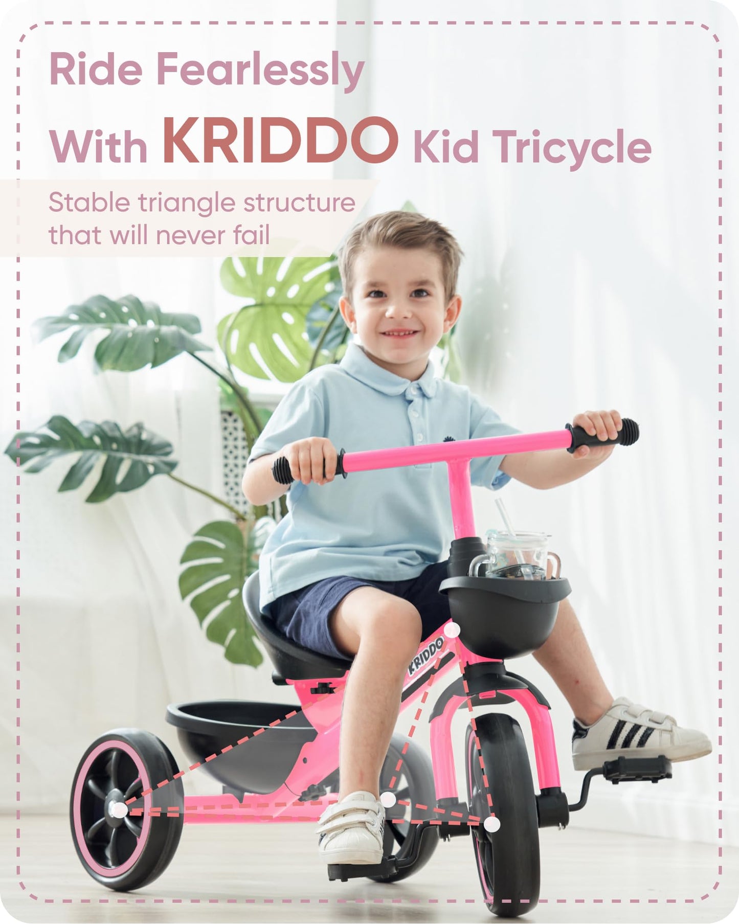 KRIDDO Kids Tricycles Age 24 Month to 5 Years, Toddler Kids Trike for 2.5 to 5 Year Old, Gift Toddler Tricycles for 2-4 Year Olds, Trikes for Toddlers, Pink